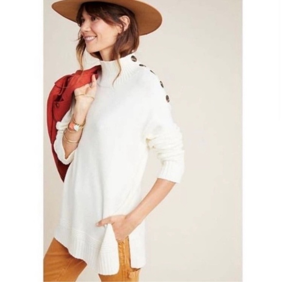 Anthropologie Margarita Mock Neck Tunic Sweater M Ivory Shoulder Button - Picture 2 of 11